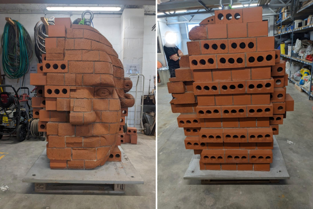 Images show the sculpture, depicting the head of Josiah Wedgwood, now restored. (Planning Application)