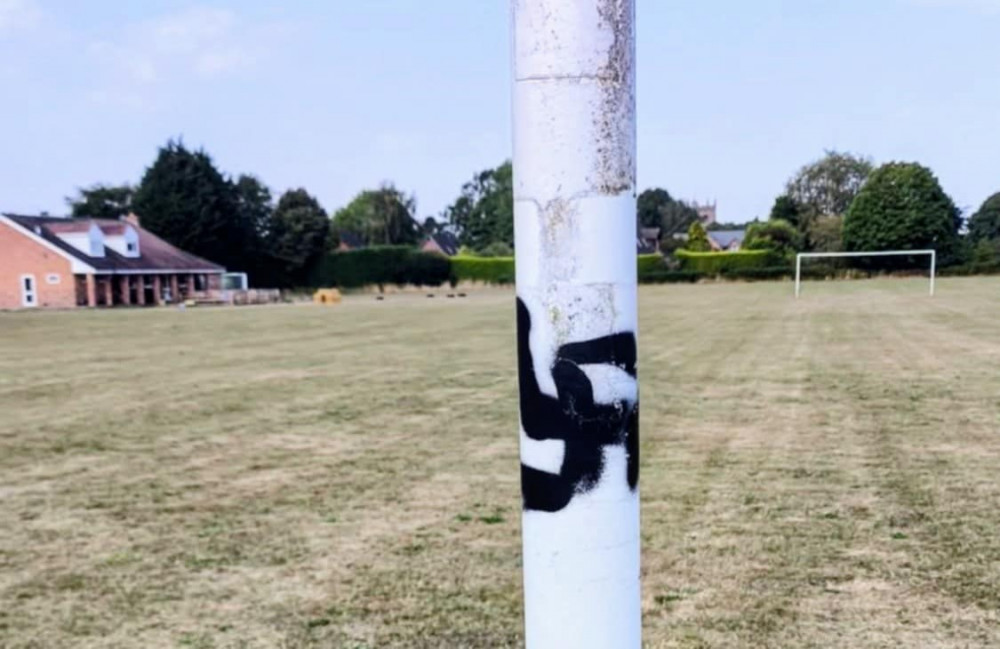 On Wednesday 13 August, a Wrenbury resident was horrified to see the Nazi emblem daubed on the field at Wrenbury Recreation Club, Nantwich Road (Wrenbury & District Village Voice). On Wednesday 13 August, a Wrenbury resident was horrified to see the Nazi emblem daubed on the field at Wrenbury Recreation Club, Nantwich Road (Wrenbury & District Village Voice).