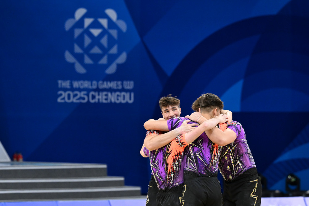 Richmond Gymnastics Association’s Senior Men’s Acrobatic Group secured a historic World Games bronze in its 65th anniversary year (credit: British Gymnastics).