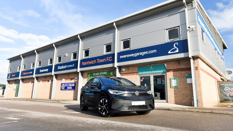 Swansway Motor Group has officially renewed its sponsorship of Nantwich Town FC, securing naming rights to The Swansway Stadium for 2025/26 (Supplied).