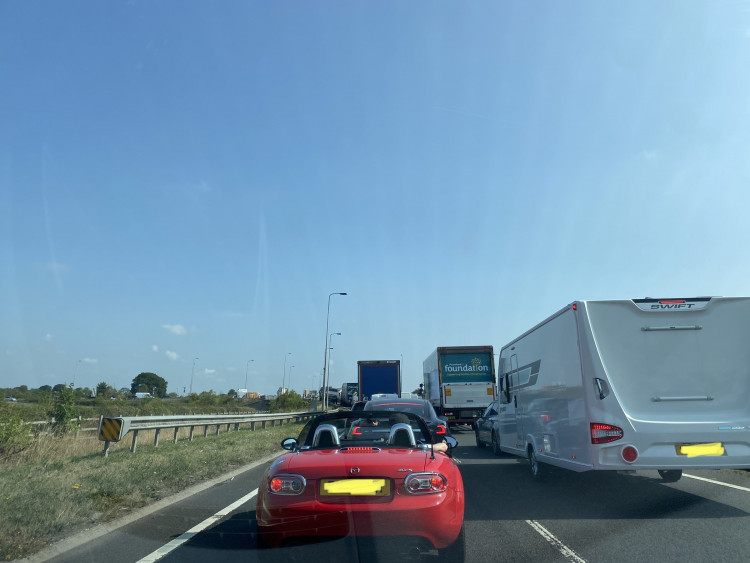 A motorbike-car collision was causing major delays on A46 southbound (image via James Smith)