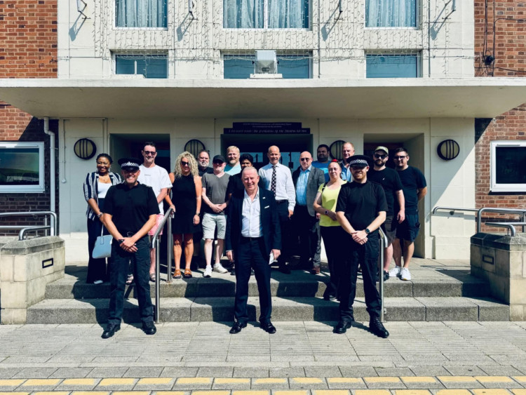 National Pubwatch President, Lord Graham Evans, joined the monthly Nantwich Pubwatch meeting at Nantwich Civic Hall this August (Nantwich Police).