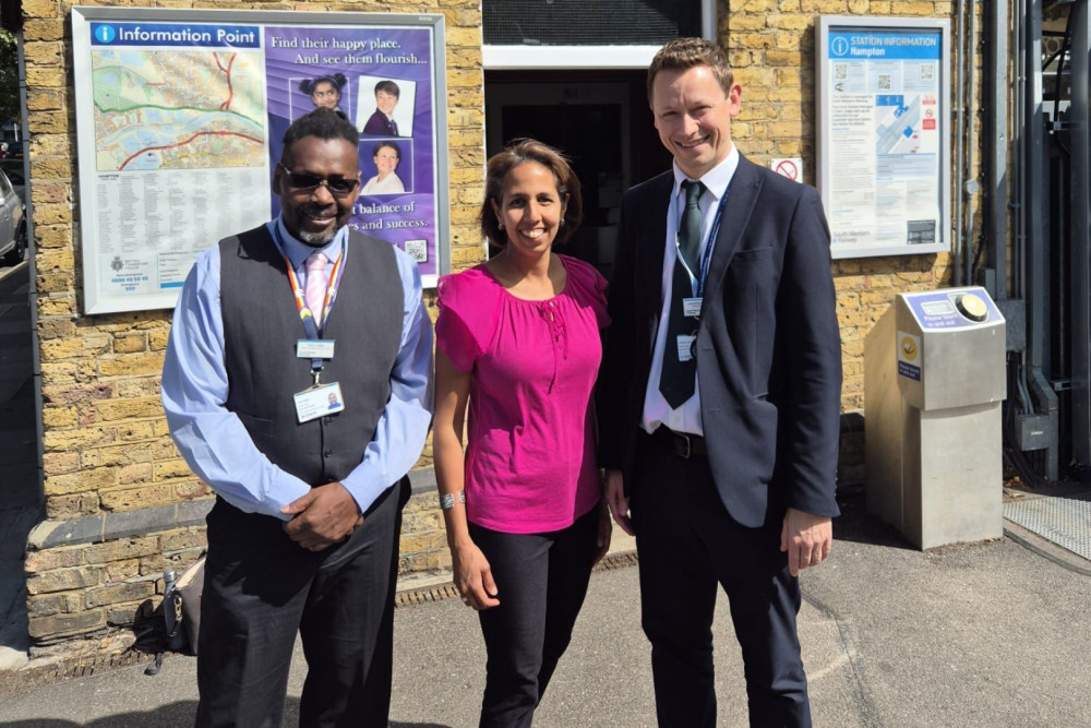 (Left to right) Sam Lodge, Munira Wilson and Lawrence Bowman outside Hampton station (credit: @munirawilson/X).