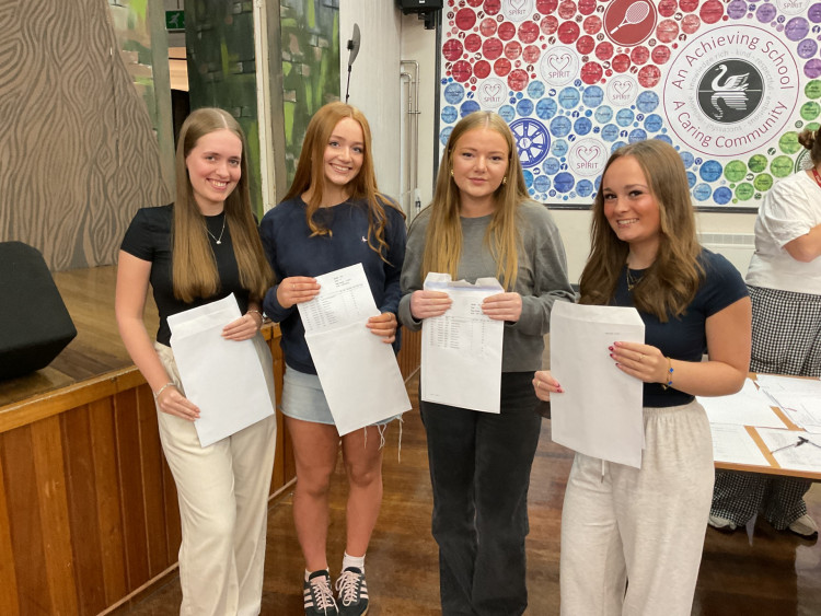 Four students collecting their results at Alsager School today. (Photo: Alsager School)