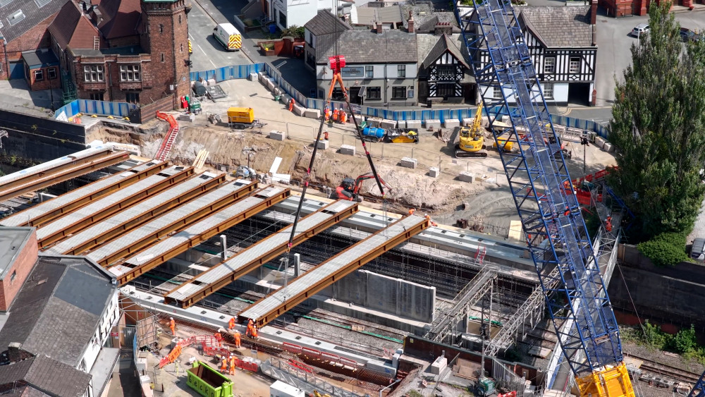 The beams of the new Greek Street bridge are being lowered into place, marking the end of the 'main phase' of the £20m engineering project (Image - Network Rail)