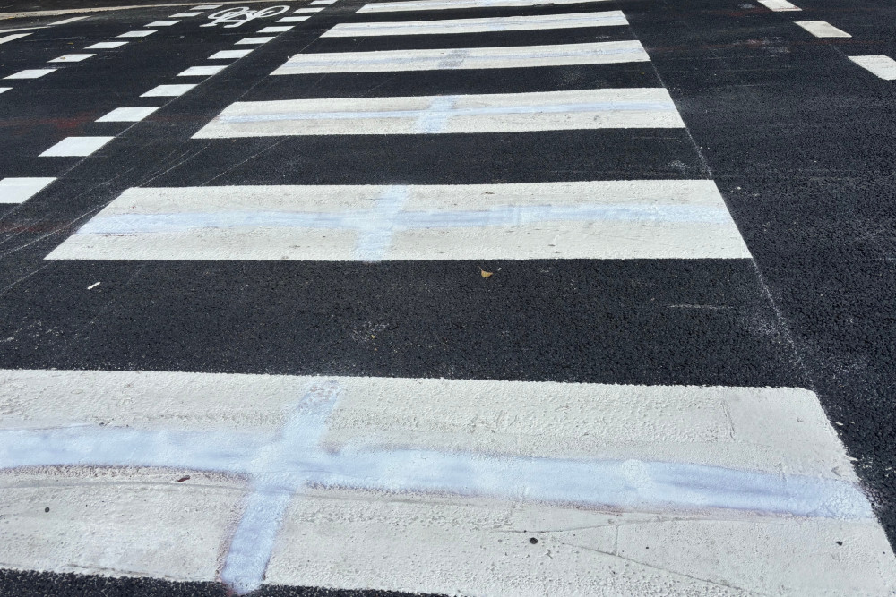 A crossing on Westport Road which has been covered over after the St George's Cross was painted on it. (Nub News) A crossing on Westport Road which has been covered over after the St George's Cross was painted on it. (Nub News)