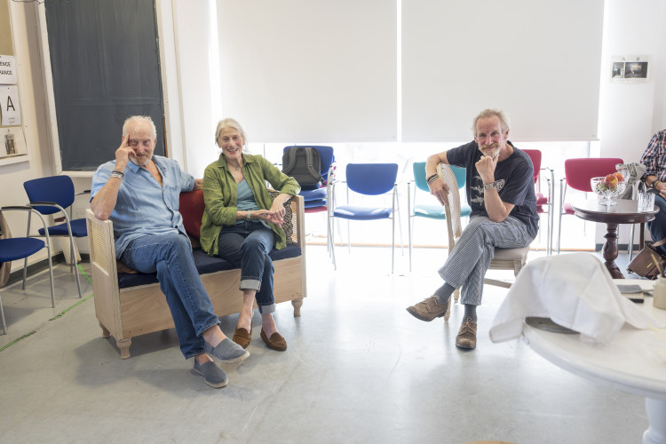 (Left to right) Charles Dance, Geraldine James, and Nicholas Farrell in rehearsal for Creditors at Richmond’s Orange Tree Theatre (credit: Ellie Kurtz).