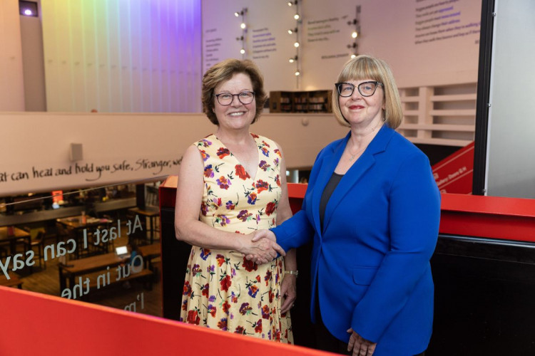 Vice-Chancellor professor Eunice Simmons, pictured on the left, met with Storyhouse's chief executive Annabel Turpin (Image via: Jon Lingwood)