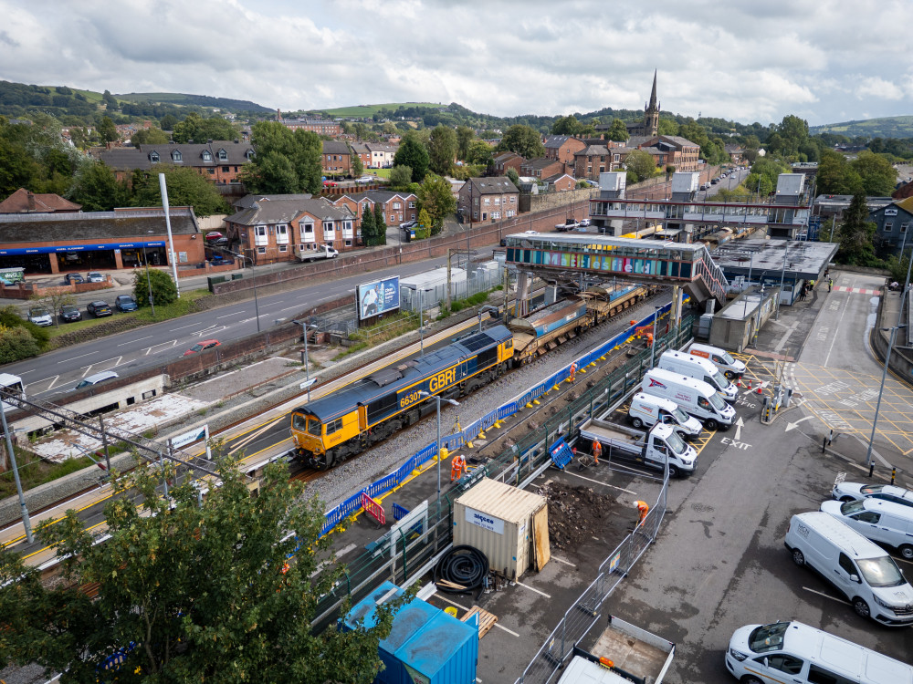 Engineering train at Macclesfield station during major track renewals (Credit: Network Rail) Engineering train at Macclesfield station during major track renewals (Credit: Network Rail)