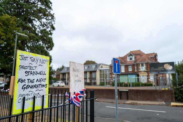 The community in Stanwell, near Heathrow, have been protesting outside the former Stanwell Hotel after it was converted into asylum seeker accommodation (credit: SWNS).