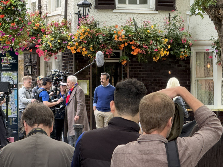 Jason Sudeikis and Hannah Waddingham were among the stars spotted filming Ted Lasso scenes on Richmond Green and at Scott’s seafood restaurant (credit: @chewybadboy/X).