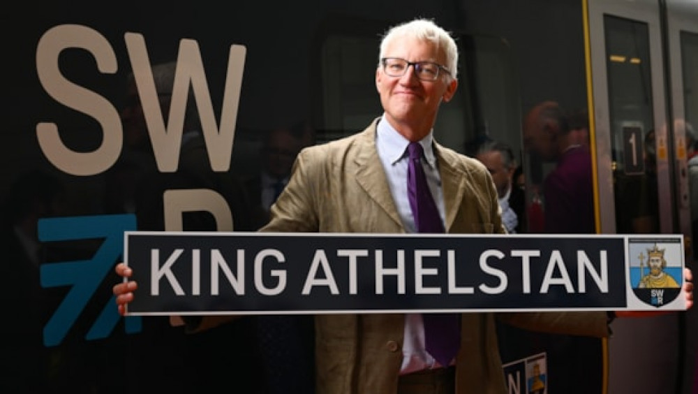 Podcaster and historian Tom Holland unveiled the King Athelstan train at Kingston Station today (Credit: South Western Railway) Podcaster and historian Tom Holland unveiled the King Athelstan train at Kingston Station today (Credit: South Western Railway)