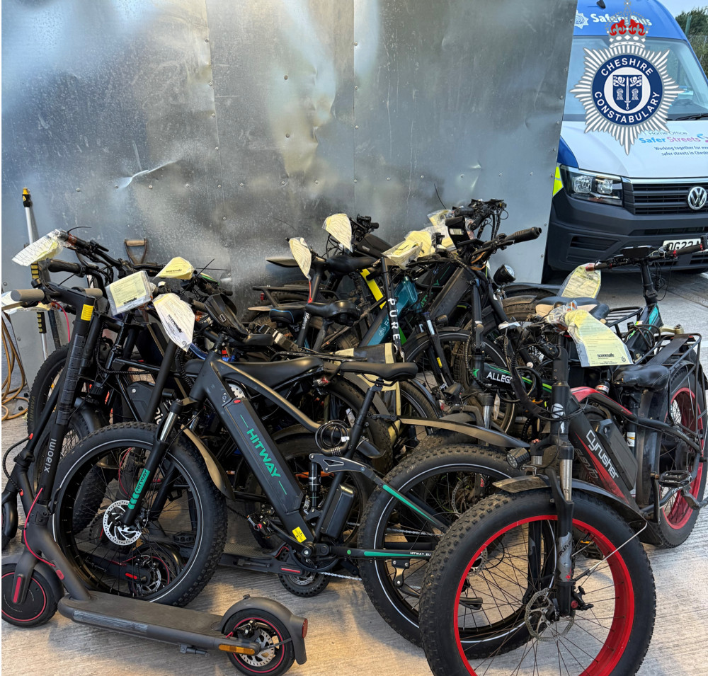 A total of 16 vehicles, a mixture of bikes and scooters, were removed from the roads by officers (Image via: Cheshire Constabulary) A total of 16 vehicles, a mixture of bikes and scooters, were removed from the roads by officers (Image via: Cheshire Constabulary)