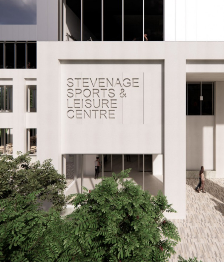 A computer-generated image showing the entrance to the proposed new Stevenage sports and leisure centre