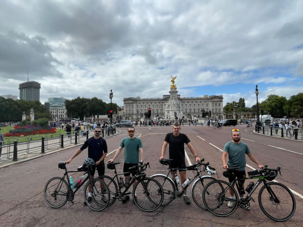 On 27 August, James Redwood, Kieron Lawton, William Rowlands, and Ewan Davies began their journey from Buckingham Palace, supported by driver Jude Metz (Supplied).