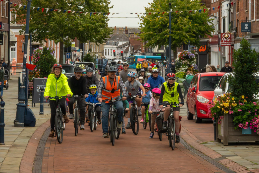 Kidical Mass Hitchin drew riders of all ages, with children and adults alike loving the unusual freedom to cycle on the roads without fear