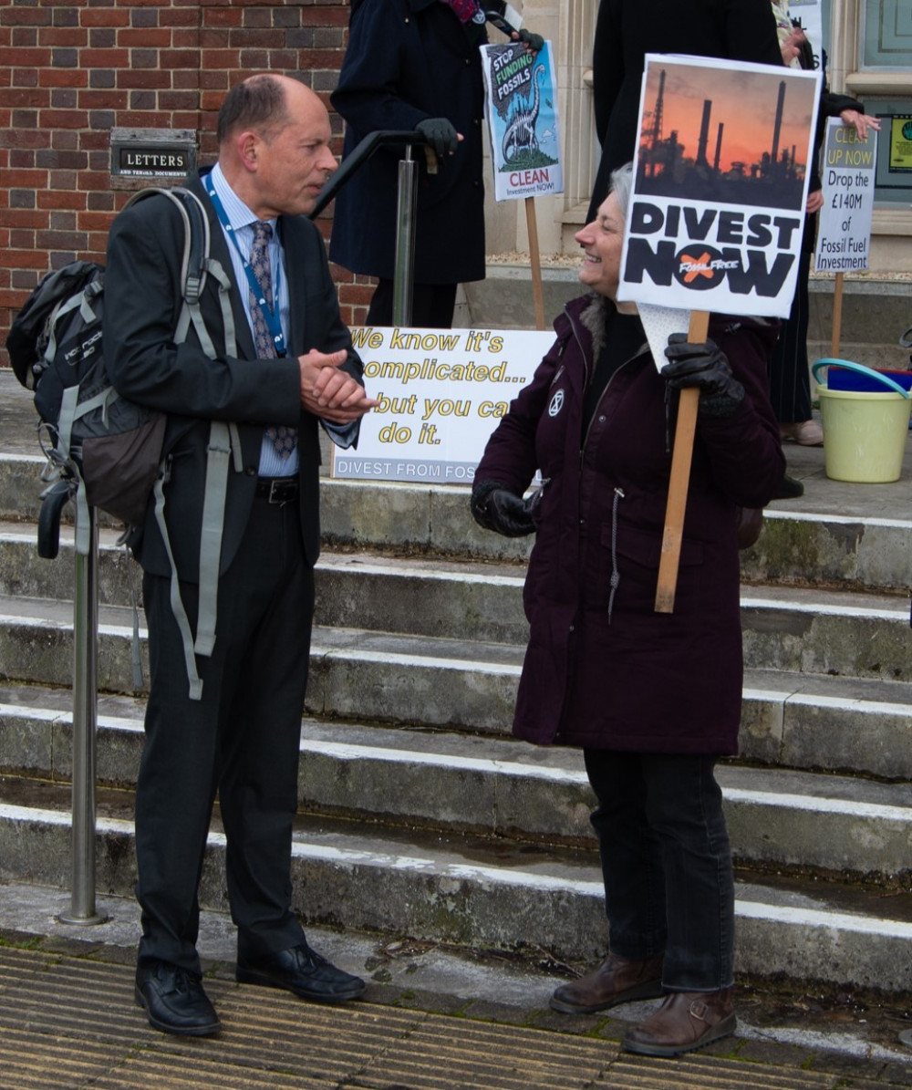 Pensions fund committee chairman Cllr Andy Canning talking with protestors at a previous meeting Pensions fund committee chairman Cllr Andy Canning talking with protestors at a previous meeting