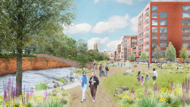 A concept image of a new riverside neighbourhood planned along the Goyt in Stockport town centre (Image - Stockport Council)