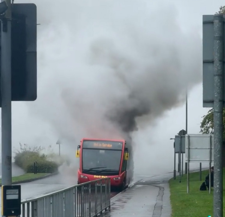 A D&G bus burst into flames on University Drive in Keele. (TikTok/matt_on_the_move)