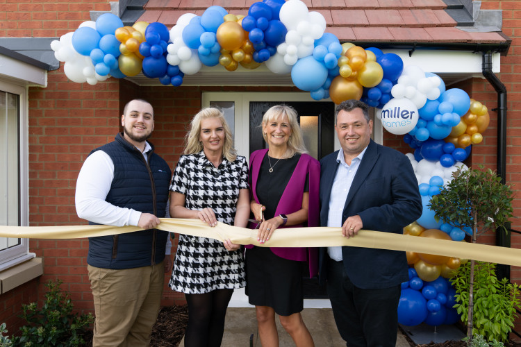 (l-r) Vlad Statescu and Emma Wilson of Miller Homes with Principal of Pix Brook Academy, Charlotte Linehan, and Bedfordshire Schools Trust COO, Mark Liddiard