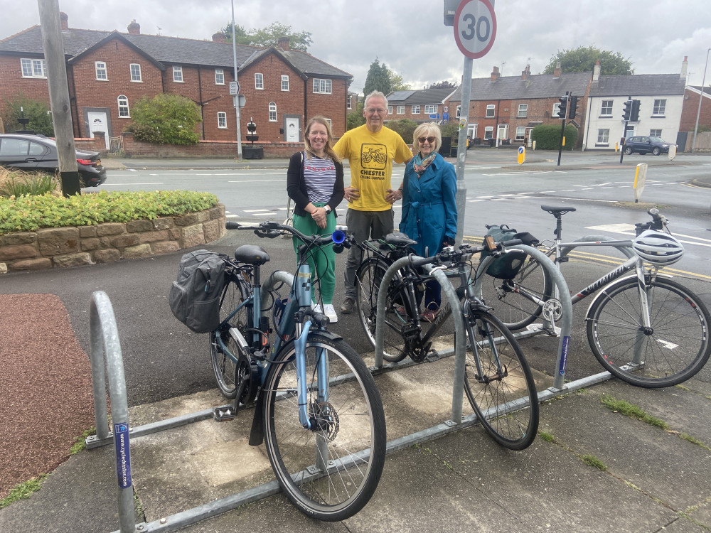 Cllr Elizabeth MacGlashan alongside Ian Slater and Cathey Harrington, representatives of Chester Cycling Campaign (Image via: Cllr Elizabeth MacGlashan)