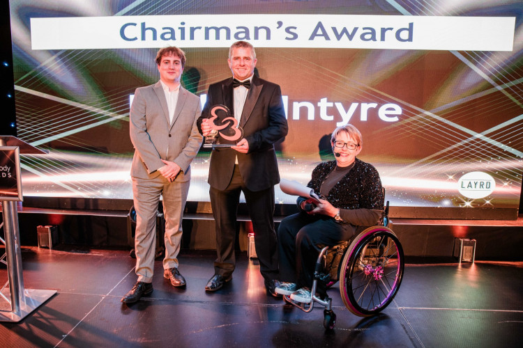 Paul McIntyre, founder of the Nantwich Triathlon Club, won the Chairman’s award. He is pictured with Baroness Tanni Grey-Thompson and Sam Aldus from Layrd who sponsored the award. (Photo: Everybody Health & Leisure)