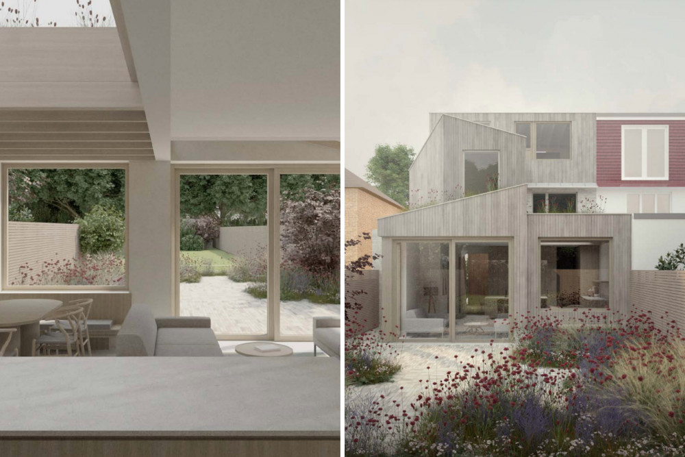 An artist impression of the inside and rear of revamped home which would see an increase in its size (credit: Planning application).