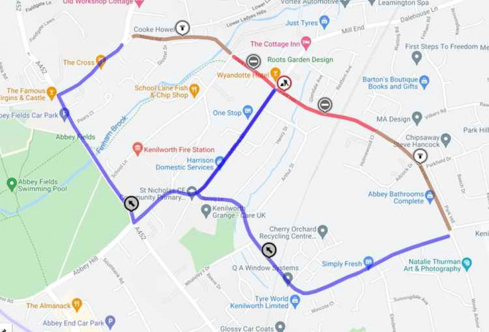 Road closures are shown in red, with diversions in purple (image via google.maps)