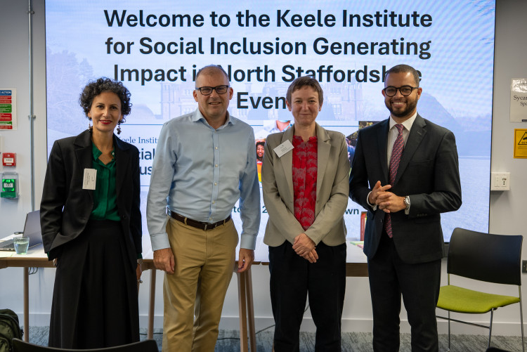 Left to right: Professor Mariangela Palladino, Dean of Research, Faculty of Humanities and Social Sciences; Professor Kevin Shakesheff, Vice-Chancellor of Keele University; Professor Helen Parr, Director of the Keele Institute for Social Inclusion; MP Adam Jogee. (Keele)