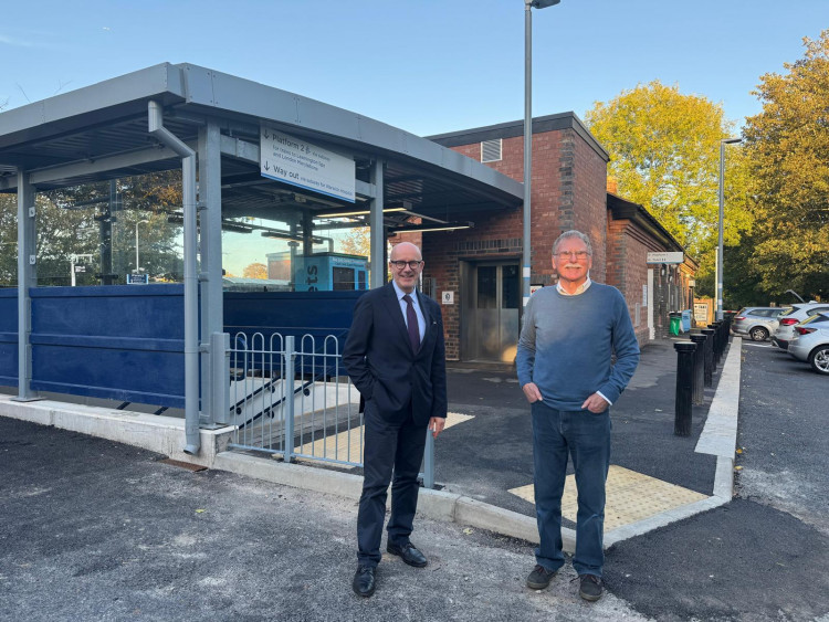MP Matt Western (left) with Cllr John Holland (right) at Warwick Train Station  (image supplied) 