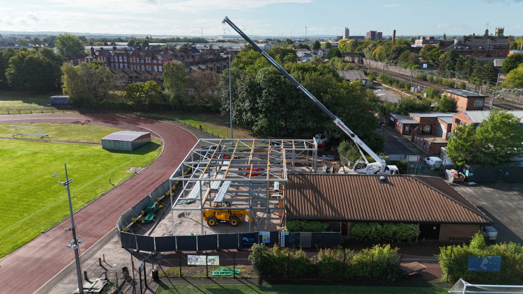 Work to upgrade Crewe’s Cumberland Arena has reached a major milestone, with the steel frame for a new two-storey building now in place (Supplied).
