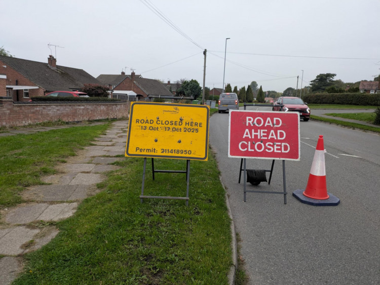Hind Heath Road is closed for part of the day until Friday (17 October) while workmen investigate and repair drainage. (Photo: Nub News)