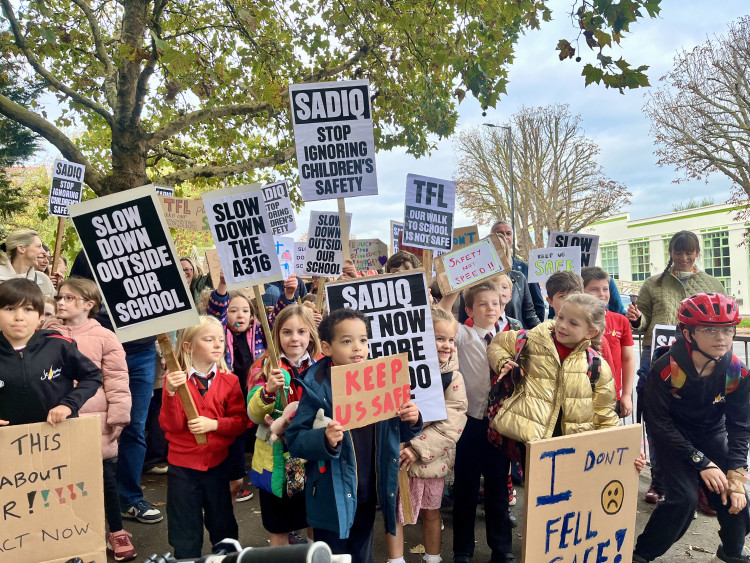 Parents and pupils from St Margarets took to the streets demanding safety improvements to the A316 crossing outside St Stephen’s Primary School (credit: Cesar Medina).