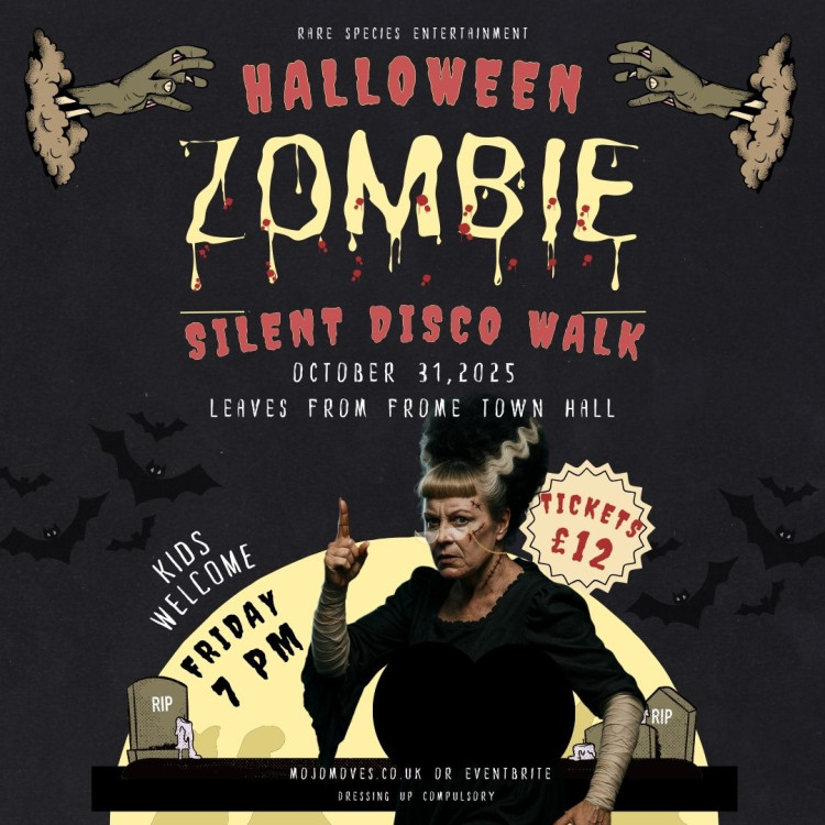 Frome's Rare Species Entertainment hosts a zombie-themed silent disco walking tour on 31 October, starting outside Frome Town Hall.  Frome's Rare Species Entertainment hosts a zombie-themed silent disco walking tour on 31 October, starting outside Frome Town Hall.
