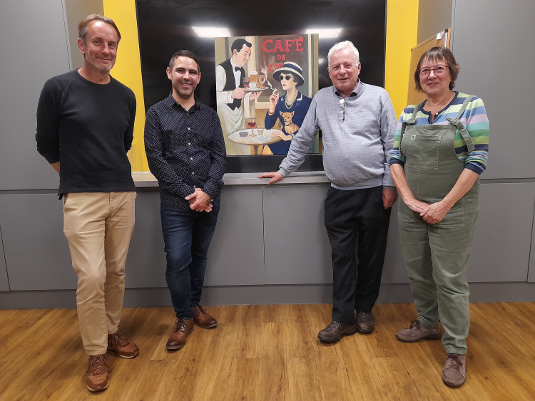 Phil Gauci librarian, Pierre Benjamin, Chris Franks chair of Trustees and Janet Blackman Library Arts volunteer.