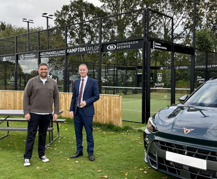 Tom Seabridge, co-founder of The Padel Den in Sandbach, alongside Sam Booth, Head of Business at Swansway Motor Group. (Photo: Swansway)