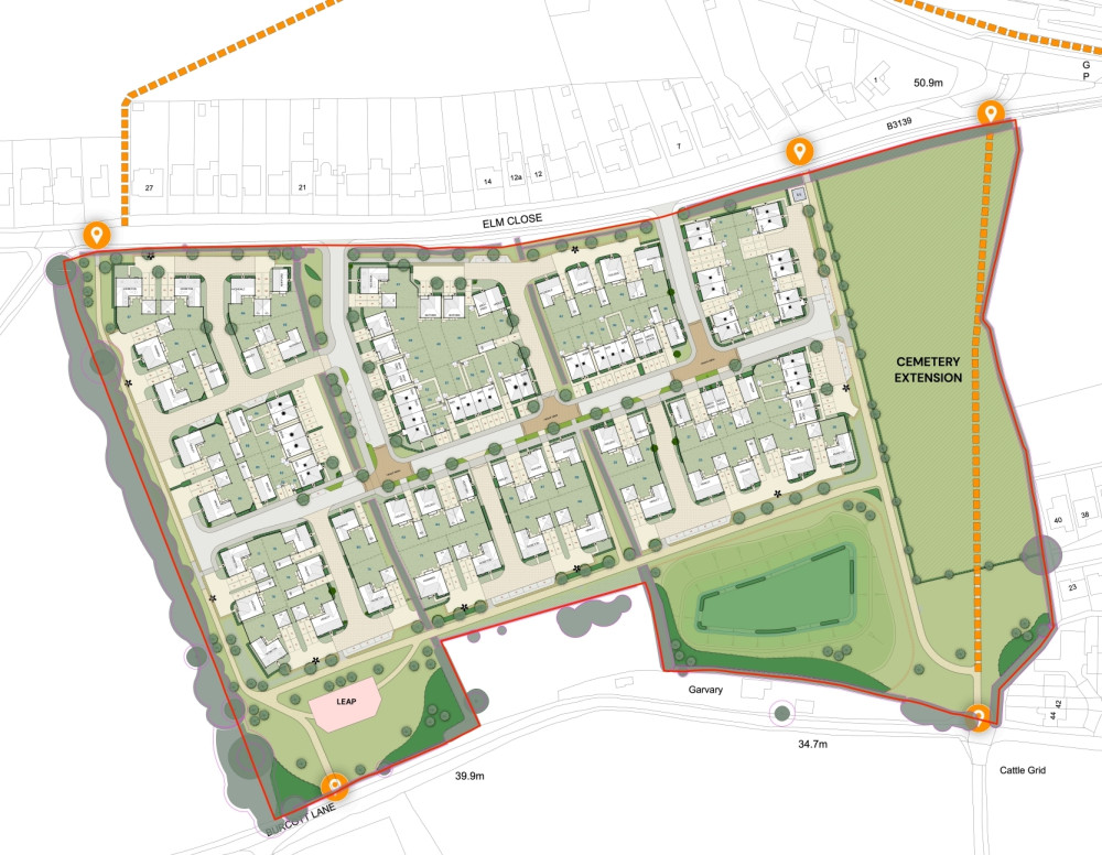 Plans for 100 homes and cemetery extension on the B3139 Elm Close in Wells. CREDIT: Pegasus Group. Plans for 100 homes and cemetery extension on the B3139 Elm Close in Wells. CREDIT: Pegasus Group.