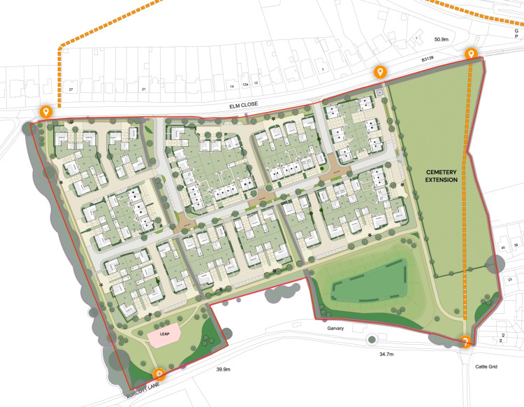 Plans for 100 homes and cemetery extension on the B3139 Elm Close in Wells. CREDIT: Pegasus Group. Plans for 100 homes and cemetery extension on the B3139 Elm Close in Wells. CREDIT: Pegasus Group.