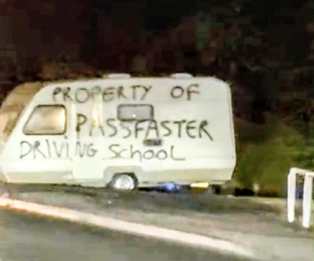 Passfaster, operating across Cheshire East, was shocked to discover a touring caravan on Marshfield Bank, Crewe, graffitied with the words 'Property of Passfaster driving school' (Photo: Passfaster). Passfaster, operating across Cheshire East, was shocked to discover a touring caravan on Marshfield Bank, Crewe, graffitied with the words 'Property of Passfaster driving school' (Photo: Passfaster).