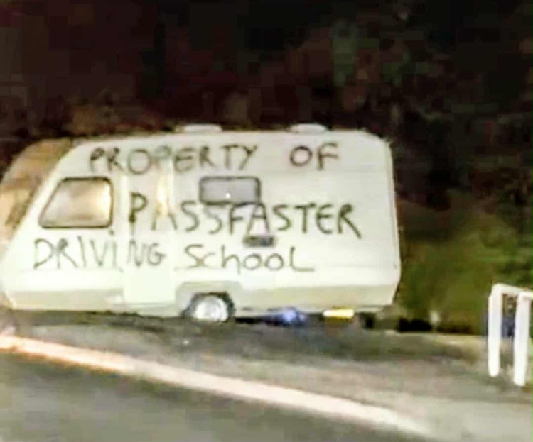 Passfaster, operating across Cheshire East, was shocked to discover a touring caravan on Marshfield Bank, Crewe, graffitied with the words 'Property of Passfaster driving school' (Photo: Passfaster). Passfaster, operating across Cheshire East, was shocked to discover a touring caravan on Marshfield Bank, Crewe, graffitied with the words 'Property of Passfaster driving school' (Photo: Passfaster).