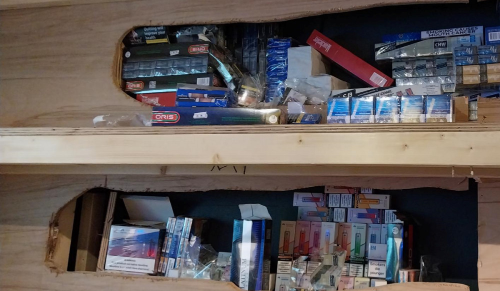 Banned vapes and cigarettes where found hidden in the wall of a Congleton shop (Credit: Cheshire Police) Banned vapes and cigarettes where found hidden in the wall of a Congleton shop (Credit: Cheshire Police)