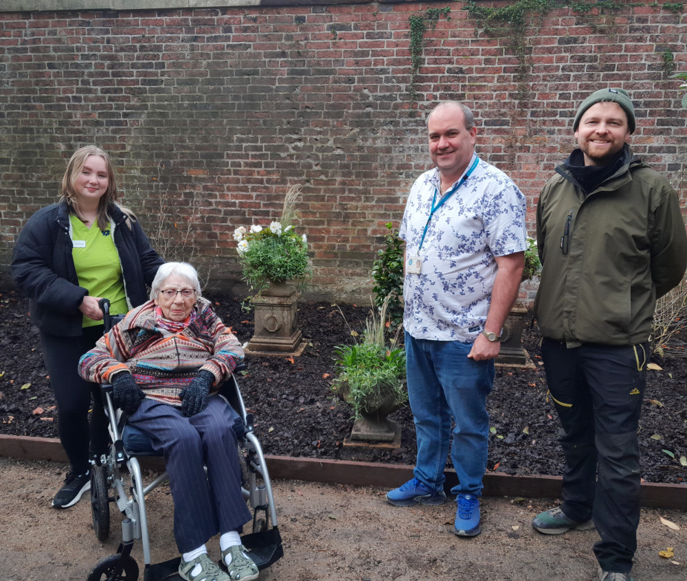 Mary Hall with Courtney, a staff member from Hen Cloud House, as well as head gardener Tim, and Marc Wolly, contract manager at the John Hall Wellness Gardens (Image supplied) Mary Hall with Courtney, a staff member from Hen Cloud House, as well as head gardener Tim, and Marc Wolly, contract manager at the John Hall Wellness Gardens (Image supplied)
