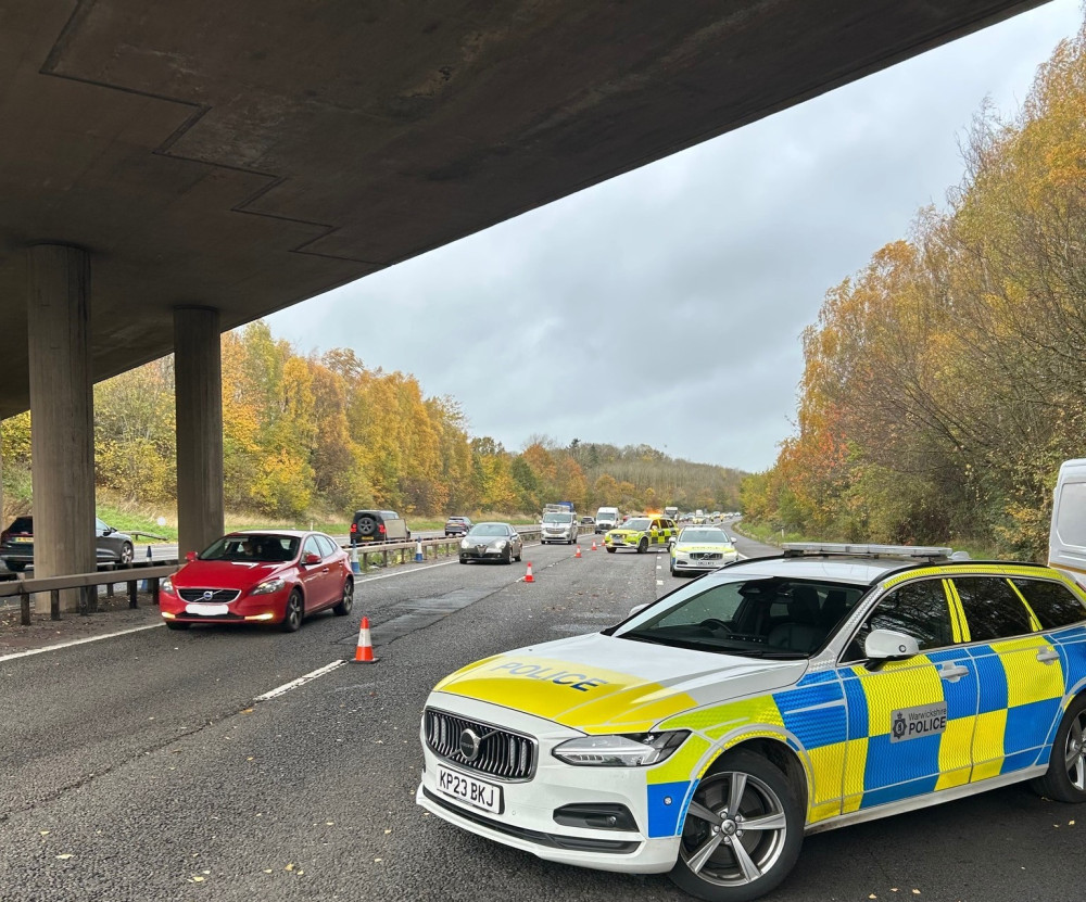 Police caught multiple drivers recording the aftermath of a crash on the M40 (image via Warwickshire OPU)