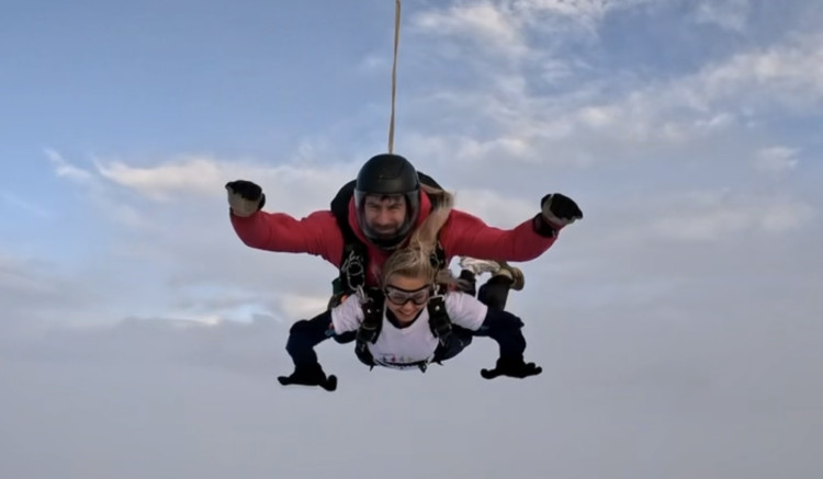 Emily Bayley has completed her skydive to raise money for the Royal Stoke University Hospital NICU (image via Emily Bayley and Skydive Tilstock)