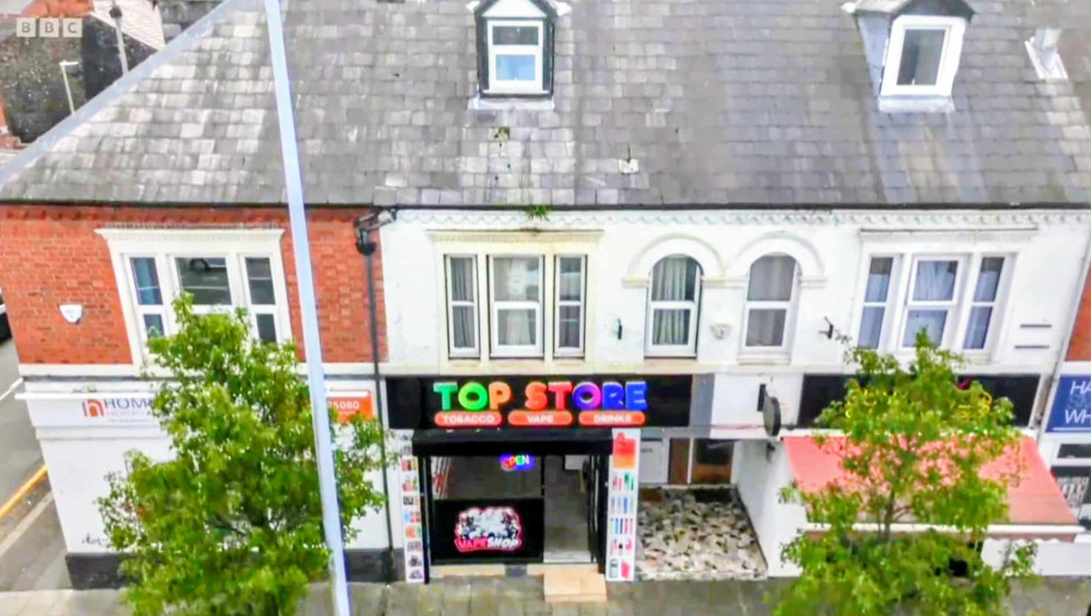 Top Store on Nantwich Road, Crewe, has been linked to a UK-wide Kurdish organised crime network exploiting asylum seekers and selling illegal cigarettes and vapes, including to children (Photo: BBC).