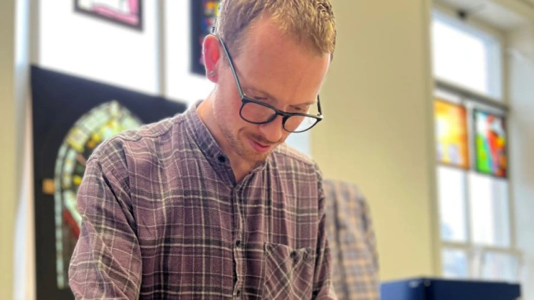 Toby Britton-Watts, a stained glass apprentice from Wells, is a finalist for the 2025 Heritage Crafts ‘Trainee of the Year’ Award (Photo:  UWTSD)