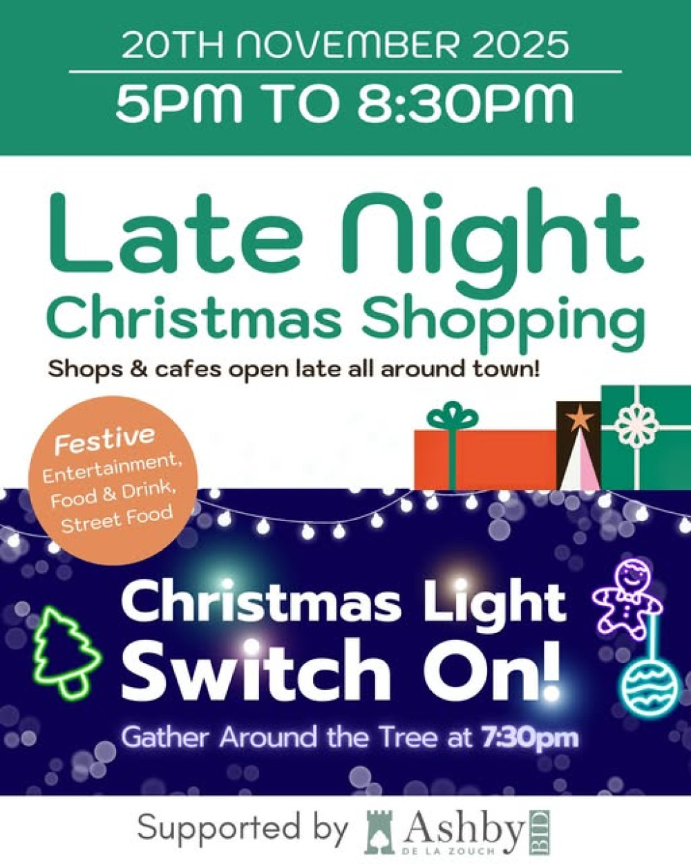 Late Night Christmas Shopping and Christmas Light Switch On