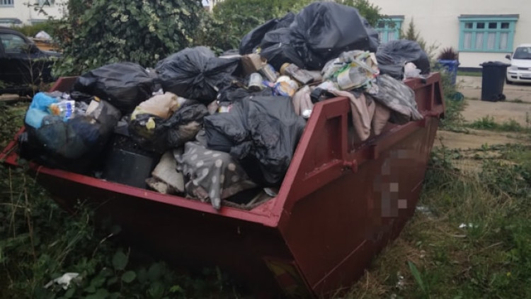 The skip outside Samantha Doyle's home.
