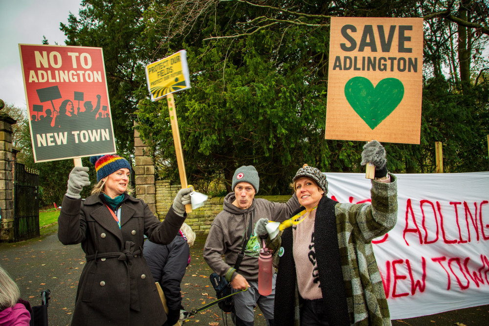 Protestors gathered outside Adlington Hall to protest against Belport's plans to build thousands of homes in the area (Credit: Gekko Media)
