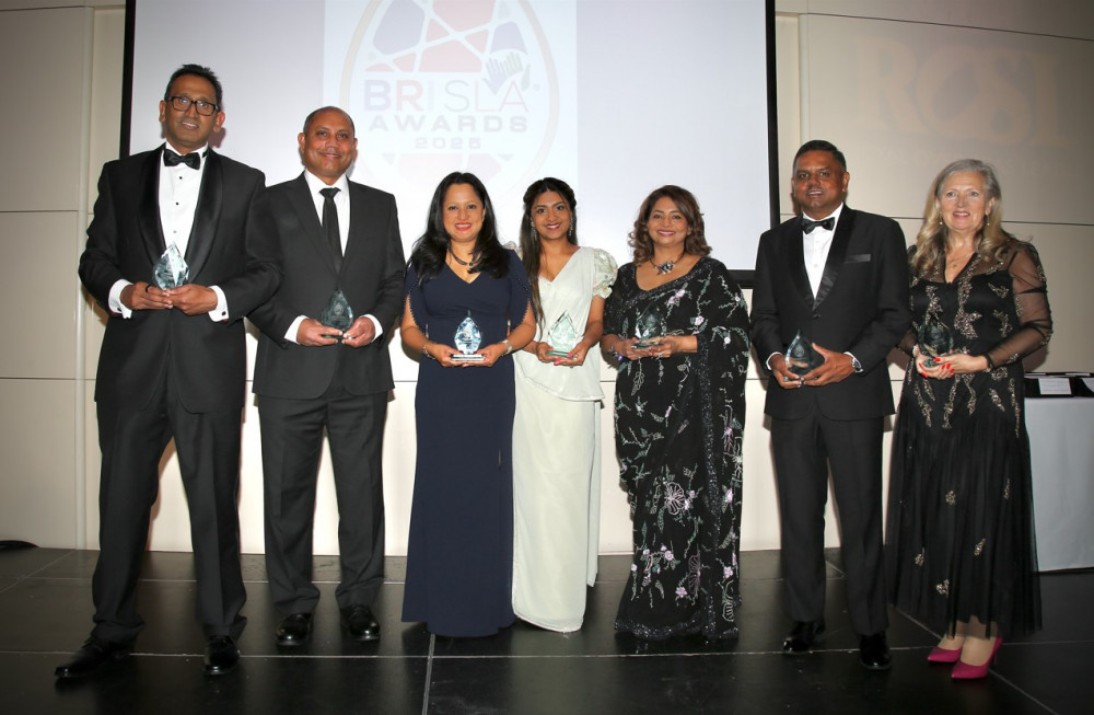(Left to right) Winners of the BRISLA Awards 2025: Professor Prasanna Sooriakumaran, Mantrulaady Thushaarah, Lushani Kodituwakku, Dilini Seneviratne, Dr Menaca Pothalingam, Dushyantha Silva and Deshabandu Lynn Stanier MBE (Image supplied)